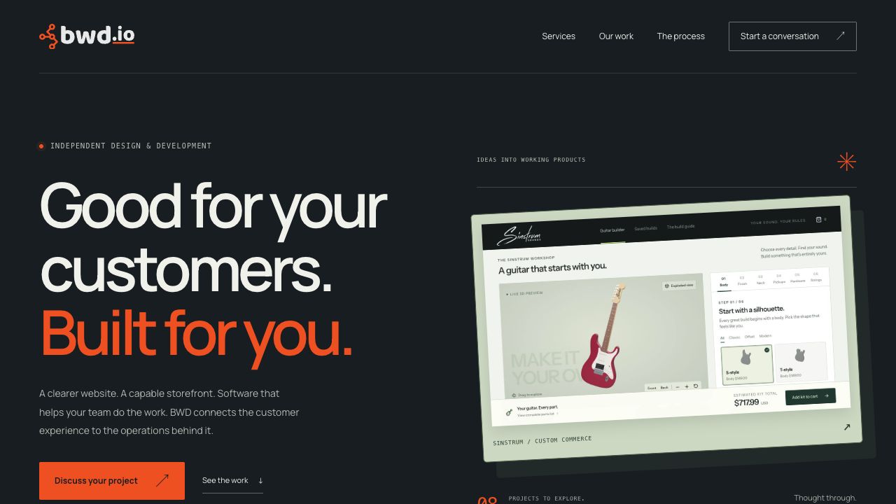 BWD’s business homepage describing custom websites and software services.