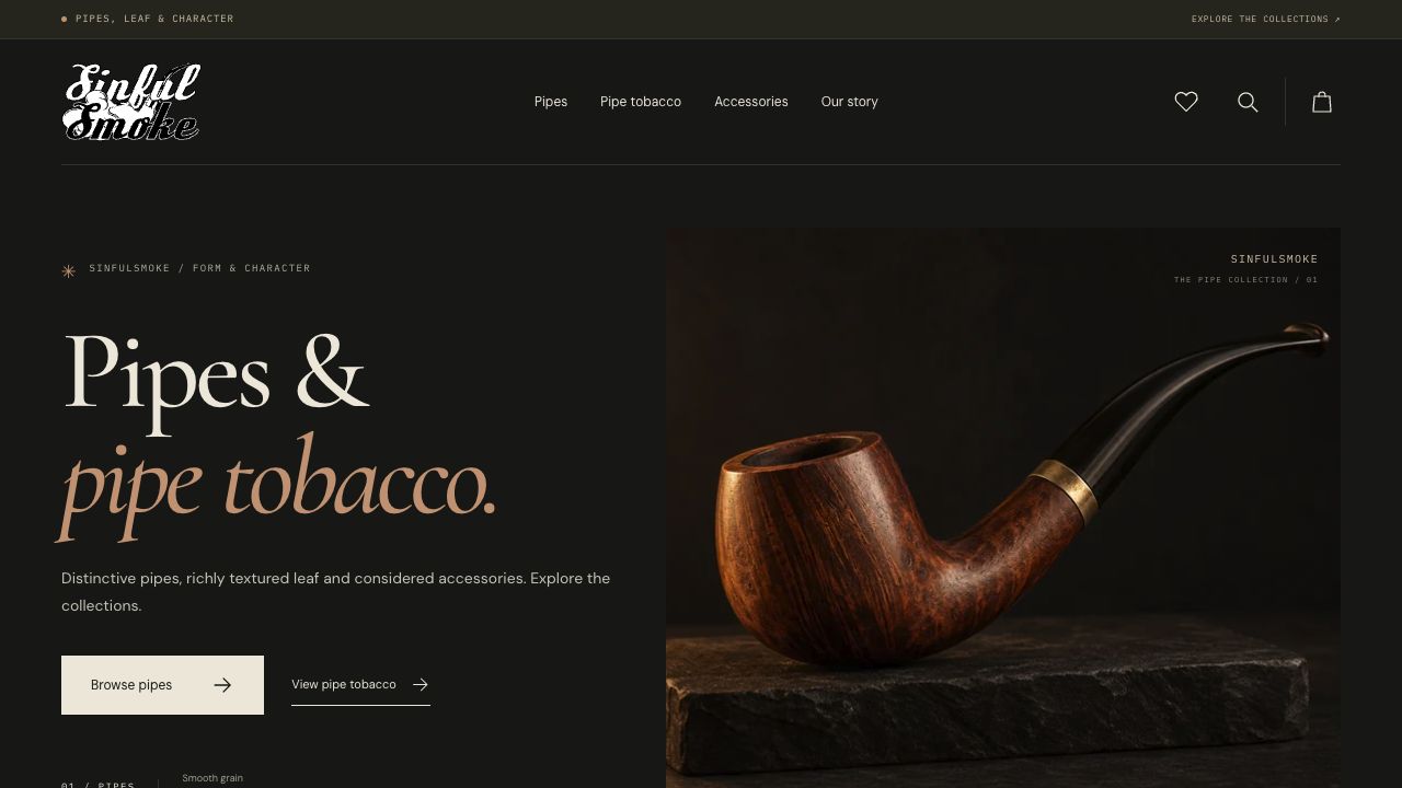 The published SinfulSmoke homepage with the original script logo, editorial heading and curved chestnut pipe.