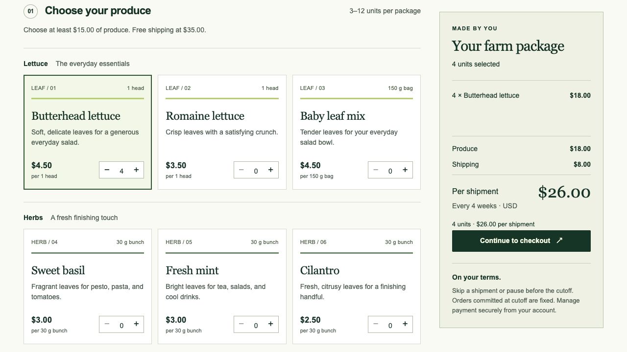 Arid Farm’s produce selection cards and package summary with four butterhead lettuces.