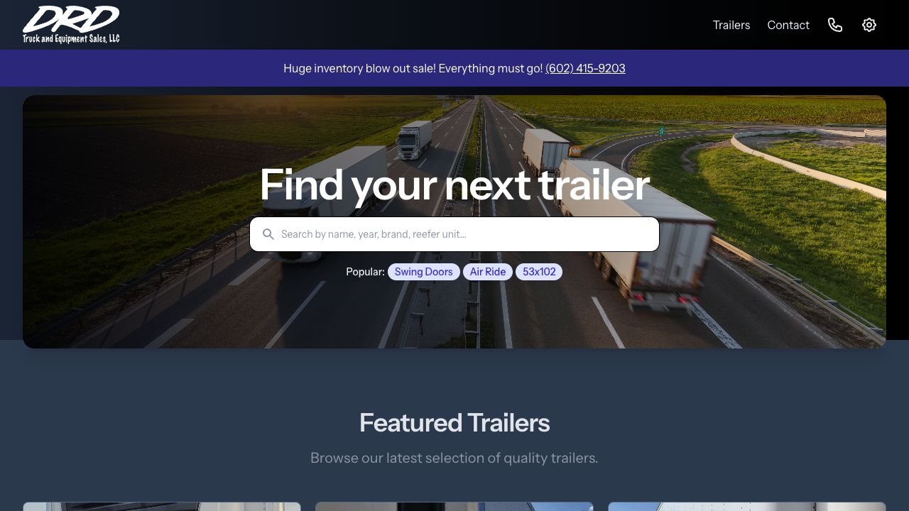 The DRD Truck and Equipment Sales website with trailer search and featured inventory.