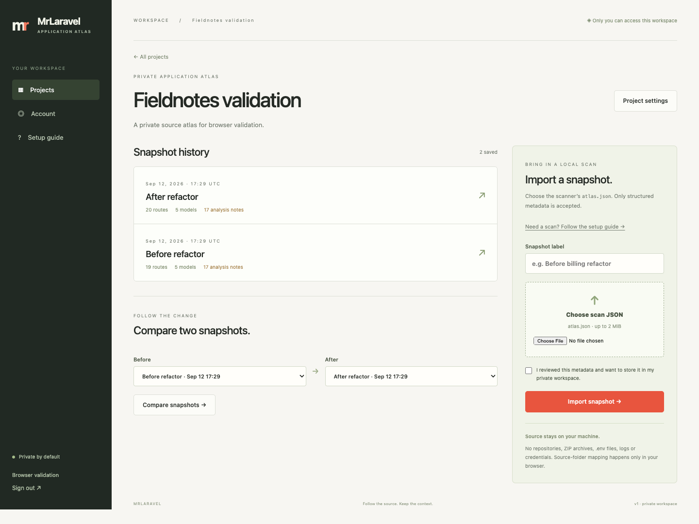 MrLaravel’s sample Fieldnotes workspace with snapshot history and metadata import.