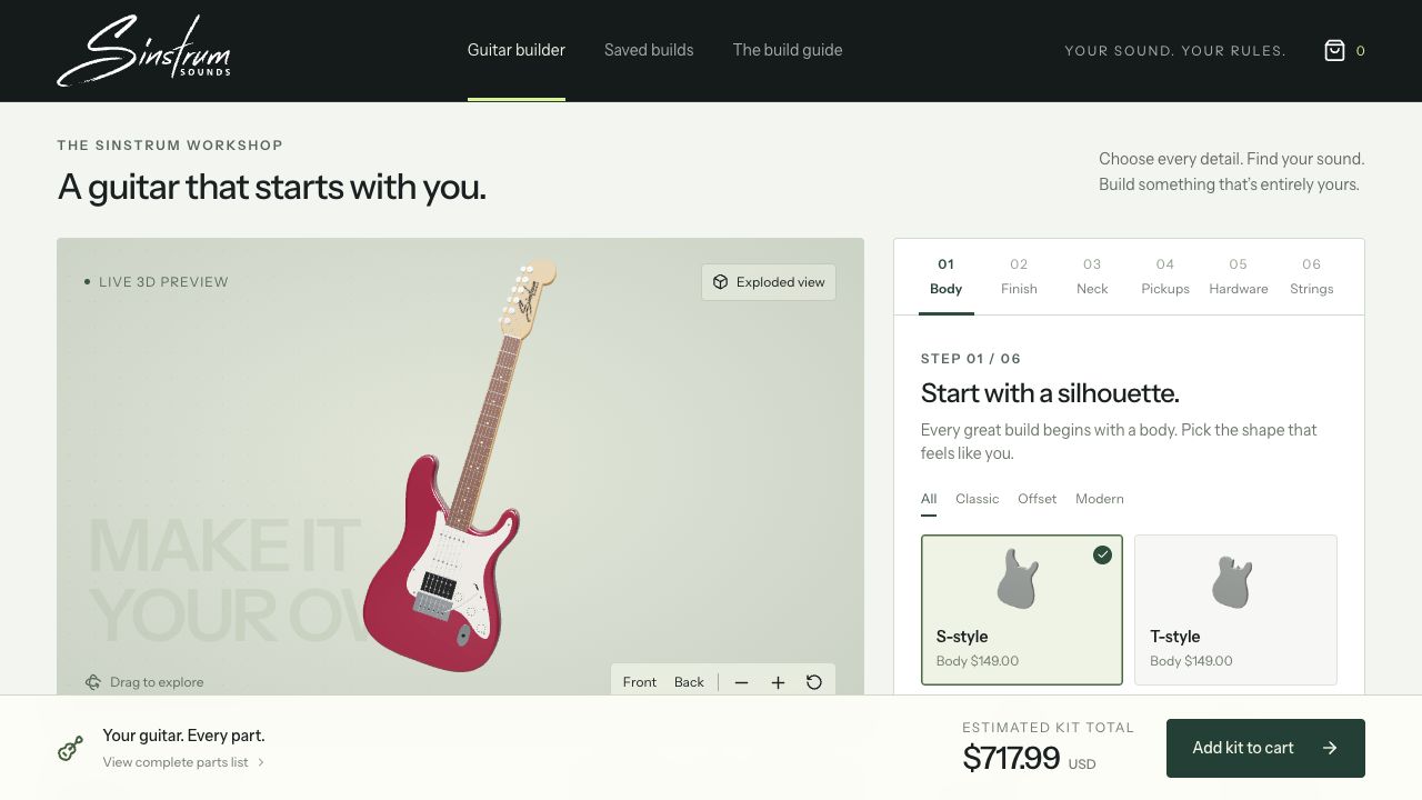 The Sinstrum guitar builder showing an Oxblood S-style guitar in its 3D preview beside body options.